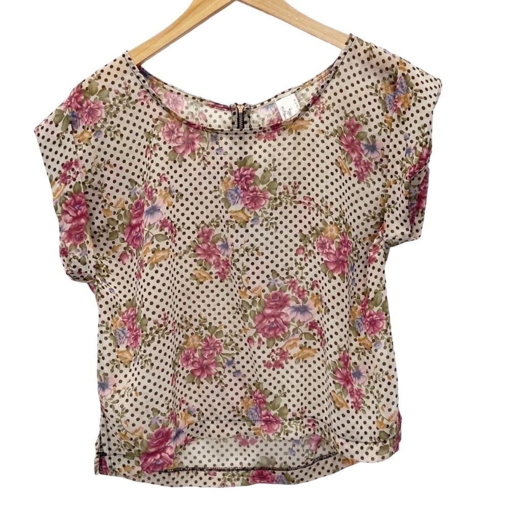 Audrey 3+1 Semi Sheer Polka Dot Floral Top Sz S